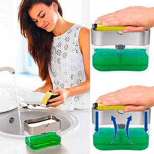 Kit Dispenser Mágico Detergente 2 Em 1 Dosador Cozinha Pia Organizador + Esponja Limpeza Louça
