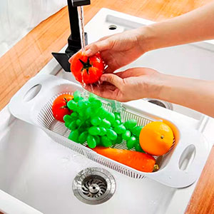 Escorredor De Pia Retrátil Com Alças Cesta Rack Ajustável Para Pratos Alimentos Frutas Legumes Verduras Multiuso Plástico Casa...